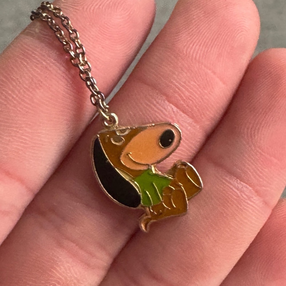 Vintage Enamel Cartoon Dog Pendant Necklace Gold Tone 18 Inch Chain Brown Green